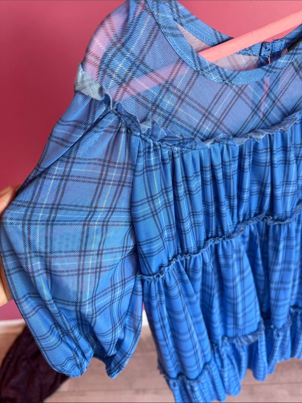 Girls Blue Plaid Tiered Dress